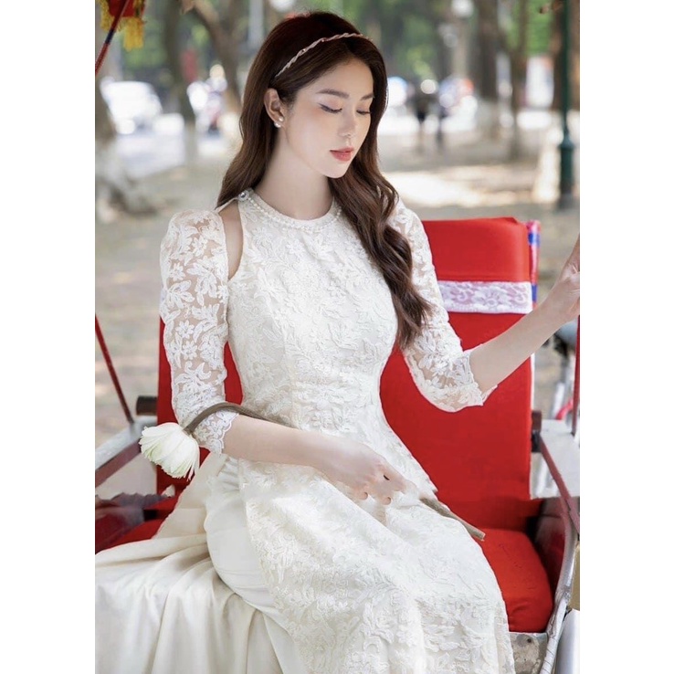 Áo Dài Ren Hoa Khoét Vai Màu Trắng Kem + Quần