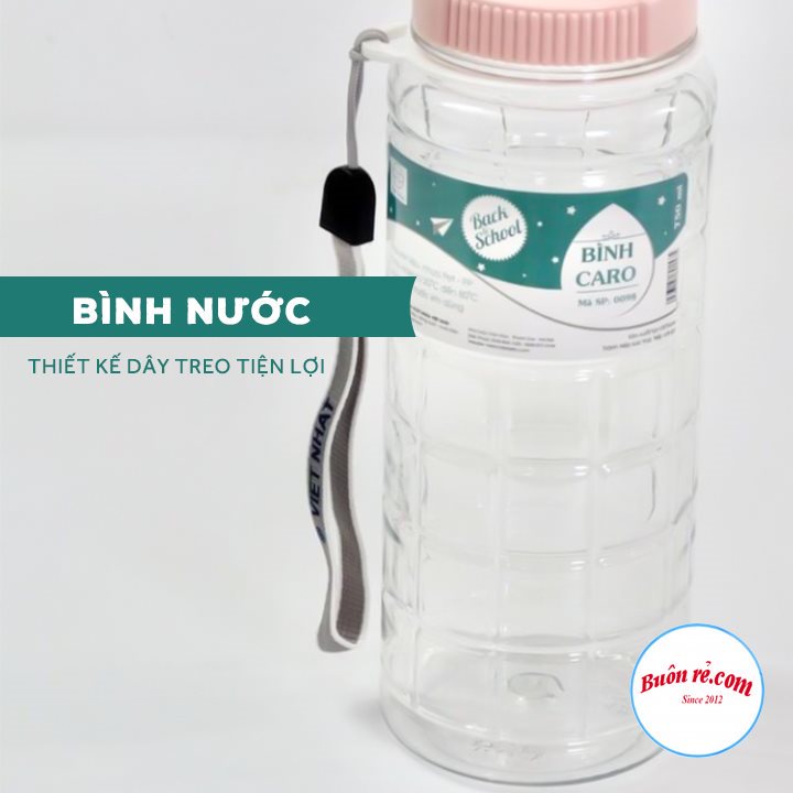 Bình nước học sinh kẻ caro 550ml/750ml/900ml Việt Nhật , Bình đựng nước thể thao có quai dù treo -Buôn rẻ