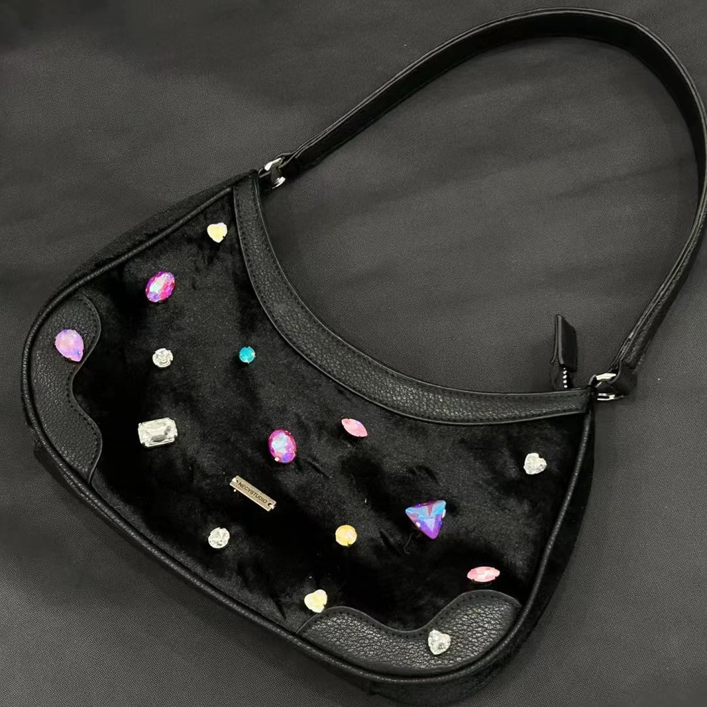 Túi Xách Da Phối Nhung Màu Đen Đính Kim Cương Sang Trọng Cho Nữ