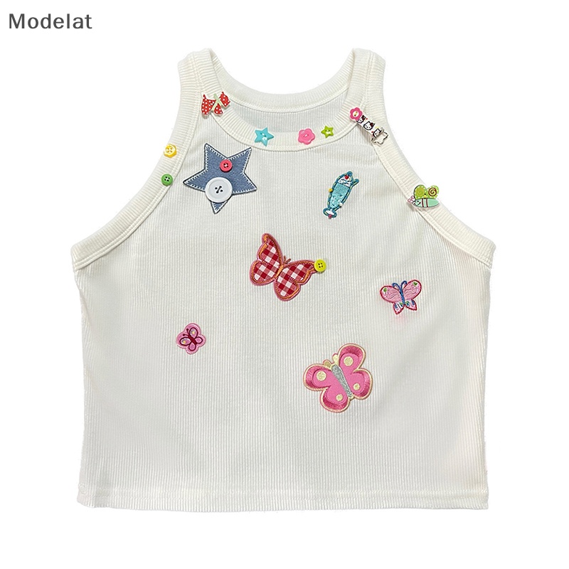 Áo Croptop Sát Nách Cổ Tròn Thêu Hình Bướm Y2k WTD