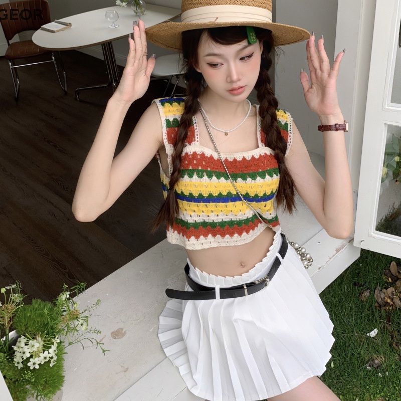 Geor Áo Dệt Kim Không Tay Thêu Họa Tiết Kẻ Sọc Rỗng vintage Mùa Hè Cho Nữ vn