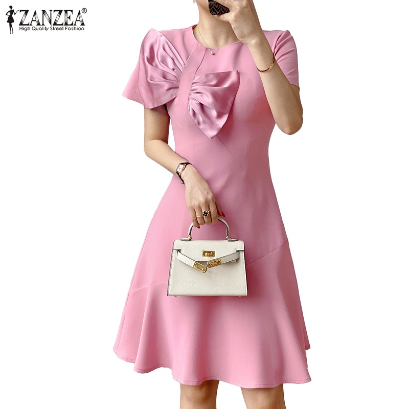 Đầm nữ ZANZEA tay ngắn cổ tròn dáng ôm phong cách Hàn Quốc thời trang