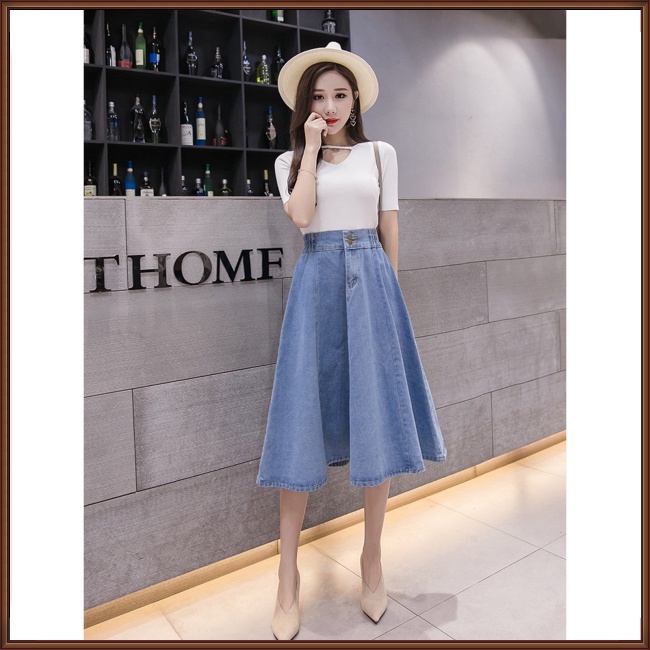 Chân váy jean Dài Dáng Chữ A Lưng Cao Co Giãn Màu Sắc Đơn Giản Thời Trang Cho Nữ