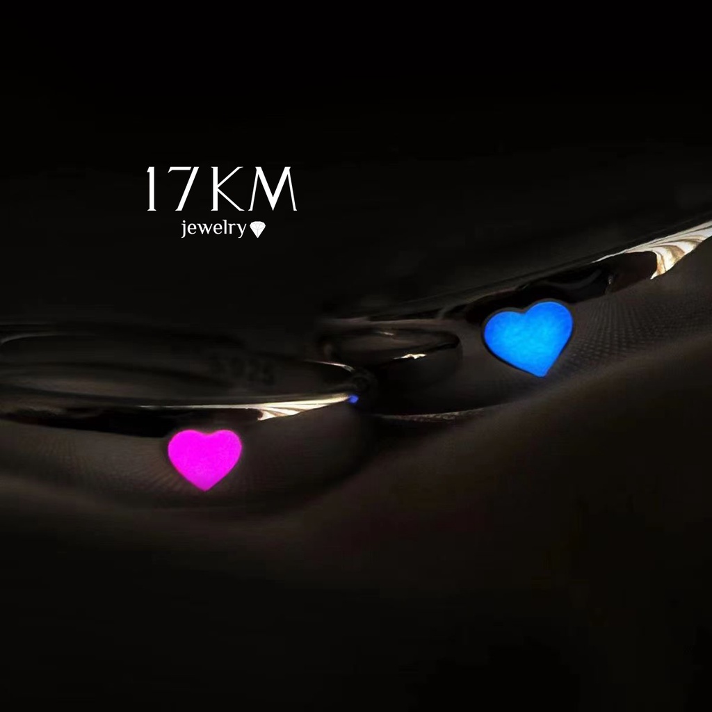 Nhẫn cặp 17KM mạ bạc mặt trái tim dạ quang phong cách Hàn Quốc