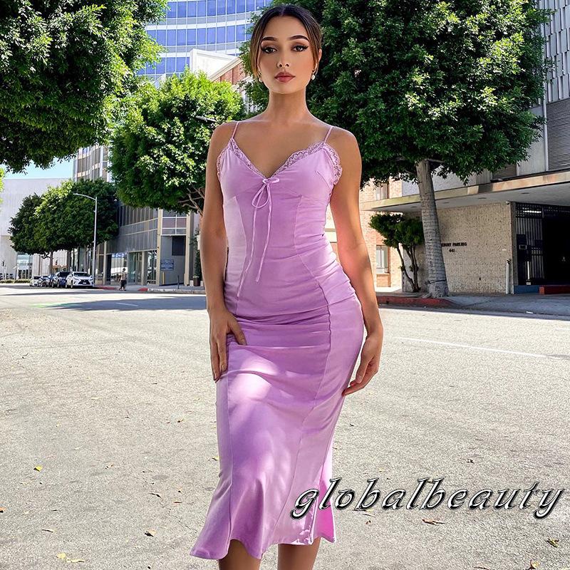 Đầm Midi Hai Dây Cổ Chữ V Hở Lưng Gợi Cảm Cho Nữ