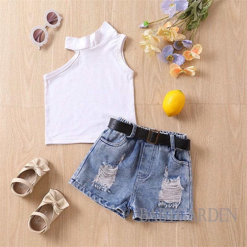 Bộ Áo Tank Top Sát Nách + Quần Sooc Denim Thời Trang Mùa Hè Cho Bé Gái 2-7 Tuổi