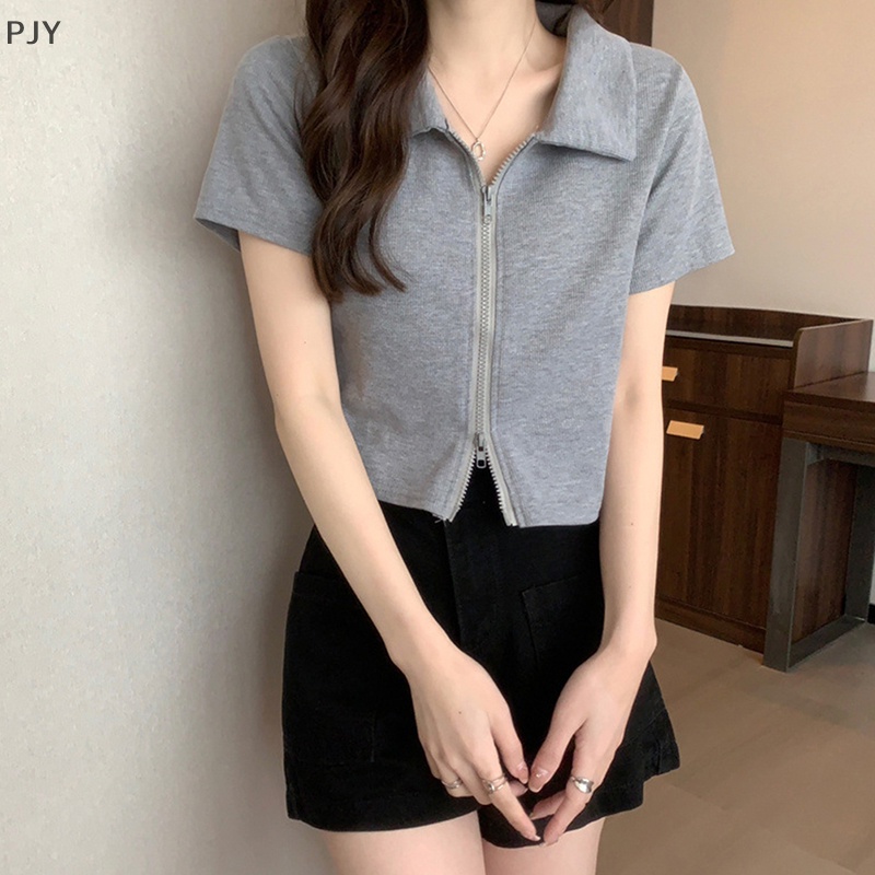 Áo Crop Top Tay Ngắn Có Khóa Kéo Đôi Màu Trơn Thời Trang Mùa Hè Dành Cho Nữ PJ