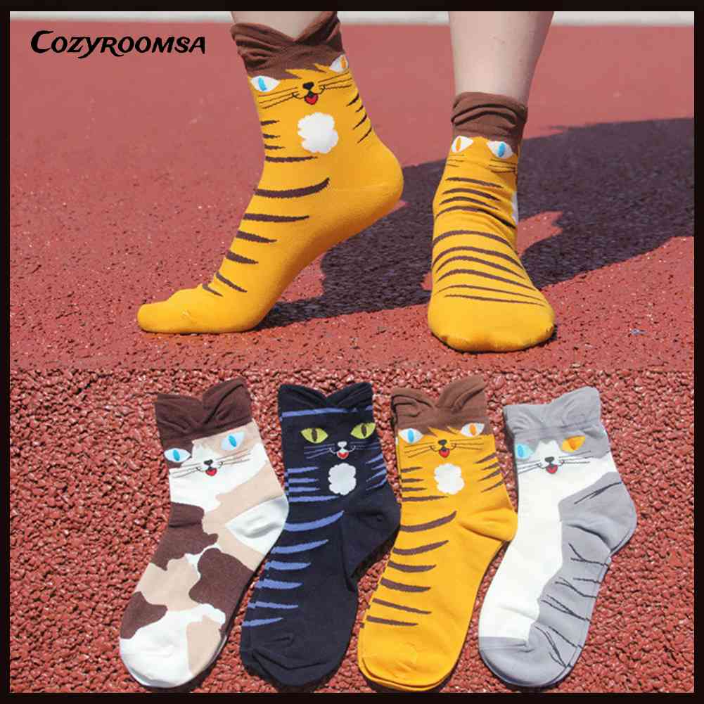 Set 4 Đôi Tất Cotton Ngắn In Hình Mèo Hoạt Hình Dễ Thương