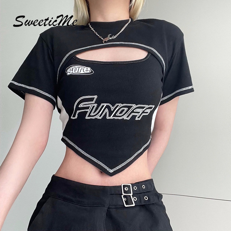 Áo Thun Croptop Hai Mảnh Dáng Ôm Tay Ngắn Màu Tương Phản Thời Trang Mới 2023 Dành Cho Bạn Nữ