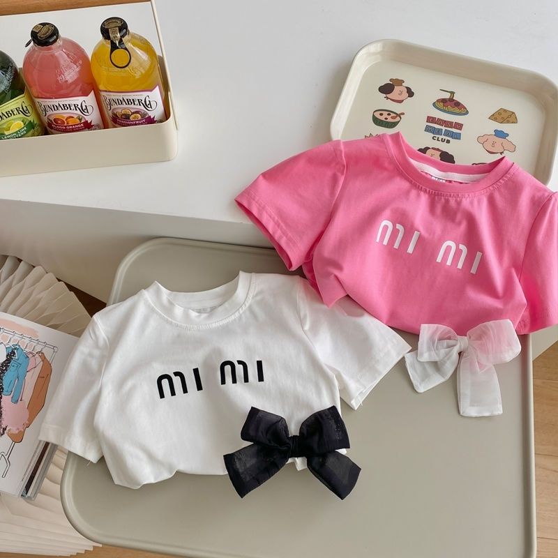 Áo Thun Cotton Ngắn Tay Màu Trơn Đính Nơ Họa Tiết Hoa Phong Cách Phương Tây Thời Trang Mùa Hè Mới Cho Bé Gái