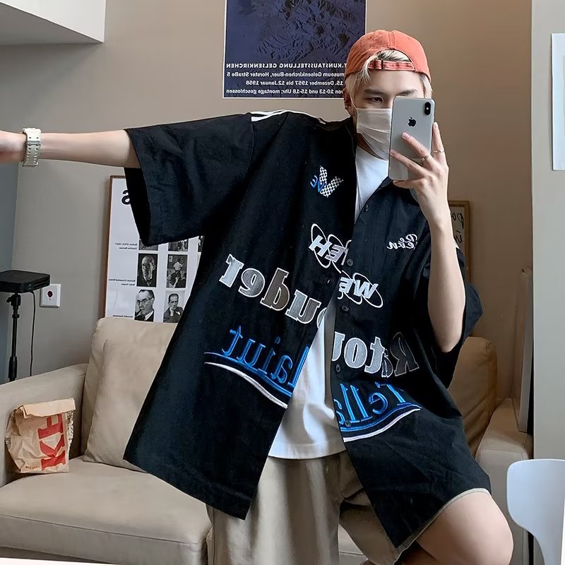 Áo Sơ Mi Tay Ngắn Thêu Chữ Phong Cách Hip Hop Đường Phố Mỹ Thời Trang Mùa Hè Cho Nam Và Nữ