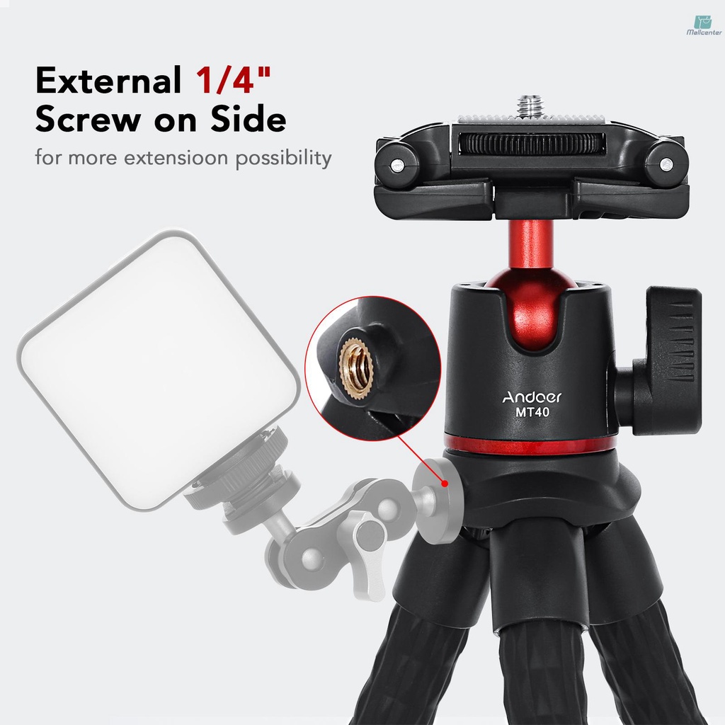 Andoer MT40 Flexible Octopus Tripod Stand Desktop Vlog Bracket 360° Rotatabble with 1/4 Inch Screw &amp; Phone Holder 2-in-1 Platform Cold Shoe Mount for Smartphone Camera Vlog Selfie Live Streaming