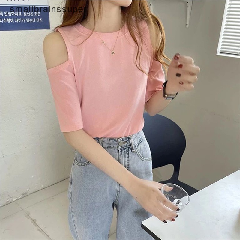 Áo Thun Tay Ngắn Cổ Tròn Màu Trơn Hở Vai Thời Trang Mùa Hè Dành Cho Nữ SBS