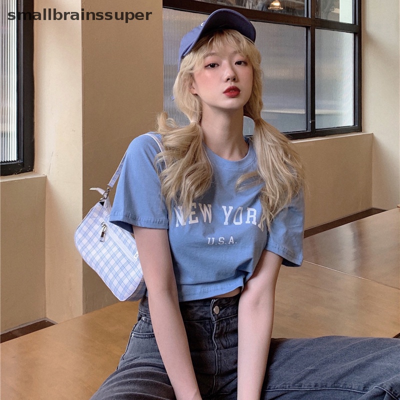 Áo Thun Crop Top Tay Ngắn Cổ Tròn In Chữ Thời Trang Mùa Hè Dành Cho Nữ