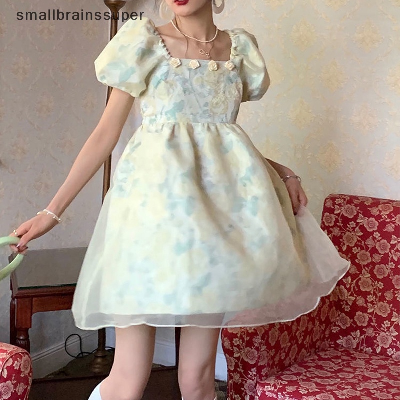 Đầm Công Chúa Mini Cổ Vuông Tay Phồng In Hoa Thời Trang Mùa Hè Cho Nữ SBS