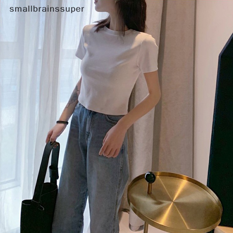 Áo Thun Croptop Tay Ngắn Cổ Tròn Màu Trơn Đơn Giản Thời Trang Mùa Hè Cho Nữ SBS