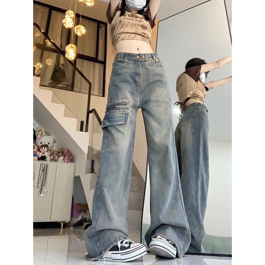 Quần Jean Dài Ống Rộng Lưng Cao Thời Trang Mùa Hè Cho Nữ