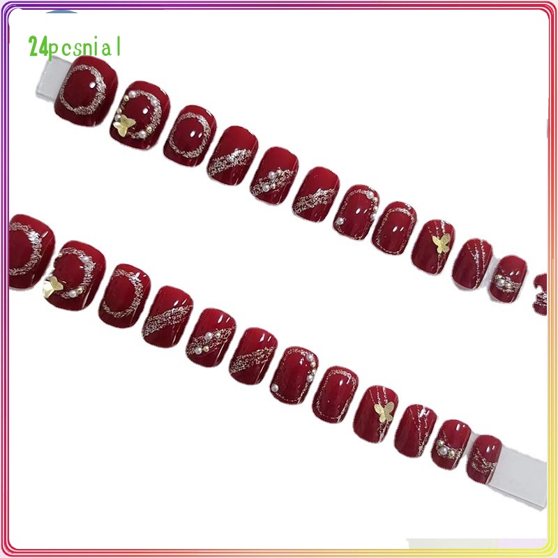 Móng Tay Giả Ngắn Màu Đỏ Hình Bướm Trang Trí Năm Mới B560