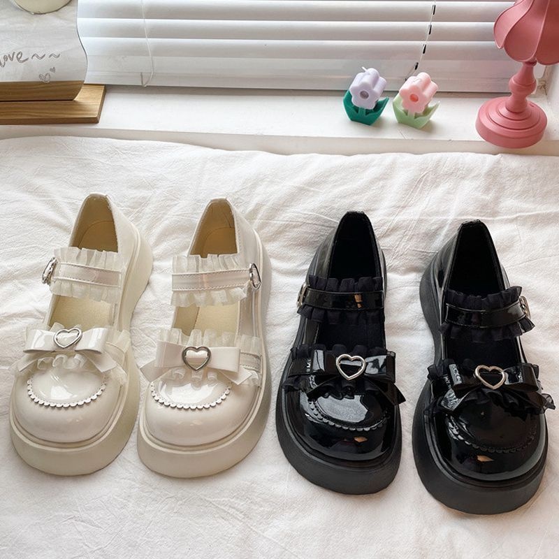 Giày nữ Lolita Da Đế Dày Đính Nơ Phong Cách Lolita Mary Jane vòng đầu giày đen