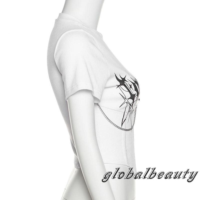 Áo Thun Croptop Tay Ngắn Cổ Tròn In Chữ Phối Dây Xích Kim Loại Ôm Dáng Cá Tính Cho Nữ