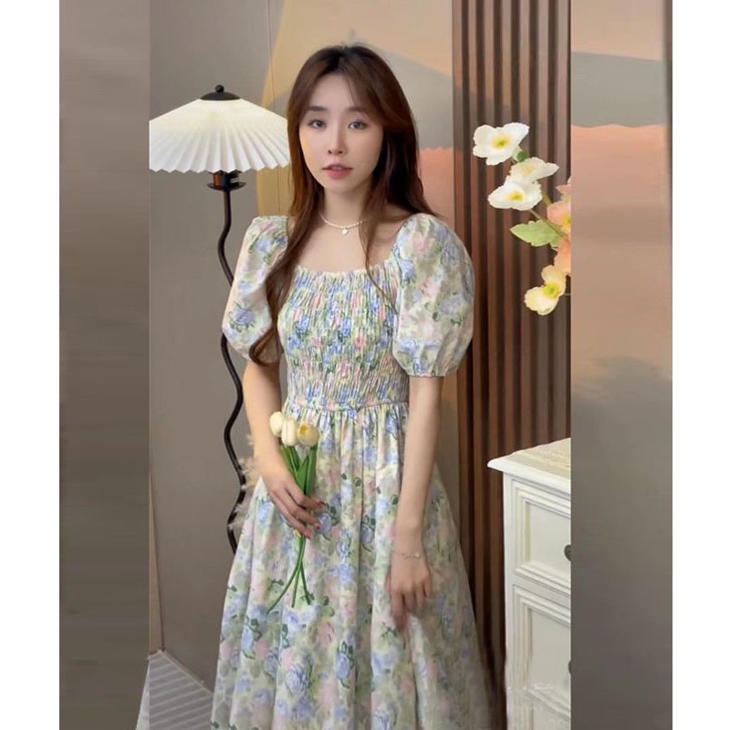 Sugemiusi Đầm Ôm Eo Tay Phồng Cổ Vuông Họa Tiết Hoa Phong Cách Mới Mùa Hè Cho Nữ