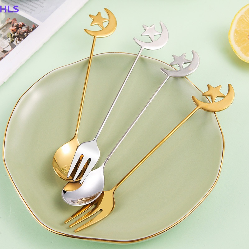 Bộ Muỗng Nĩa Bằng Thép Không Gỉ Hình Ngôi Sao Mặt Trăng Trang Trí Bàn Ăn