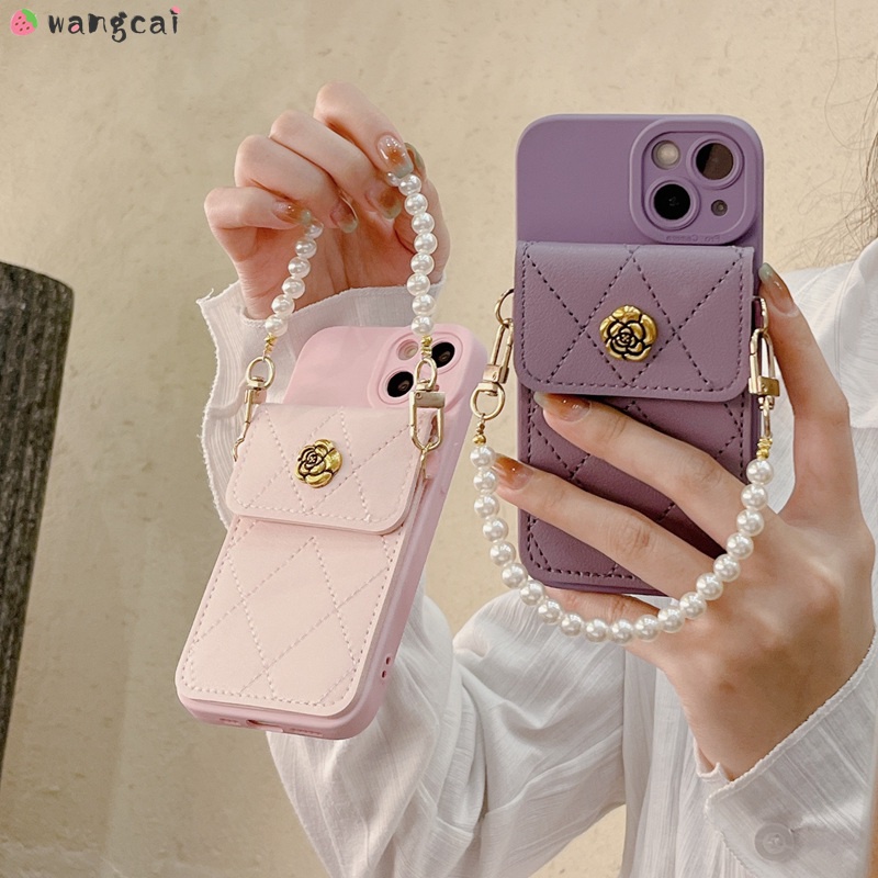 Ốp Điện Thoại Da Hình Hoa Trà 3D Có Ngăn Đựng Thẻ Và Dây Đeo Tay Thời Trang Cho iPhone 14 13 12 11 Pro Max