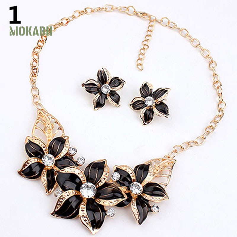 Bộ Vòng cổ + Bông Tai Đính Đá Hình Hoa Thời Trang Cho Nữ