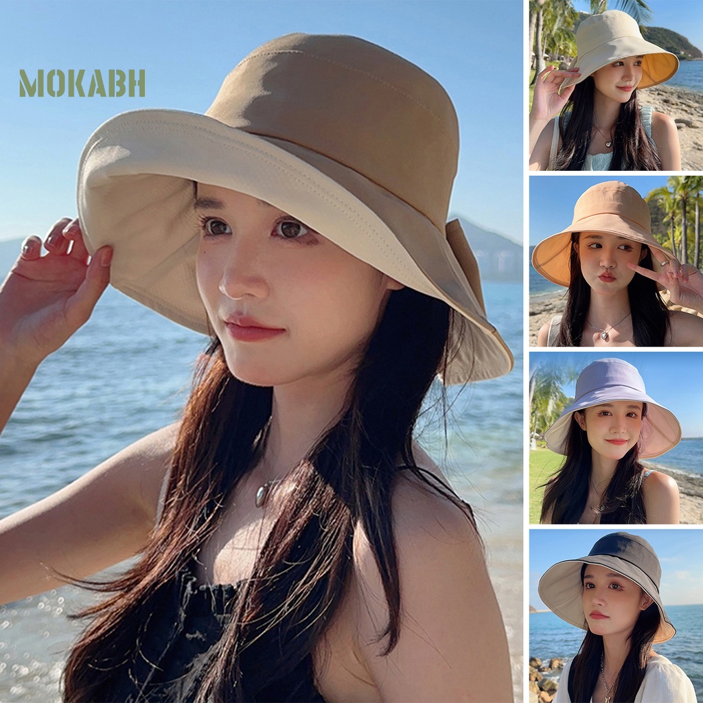 [Mok Abh] Mũ Vành Tròn Phẳng Trang Trí Nơ Chống Nắng Đi Xe Đạp Cắm Trại Mùa Hè Dành Cho Nữ