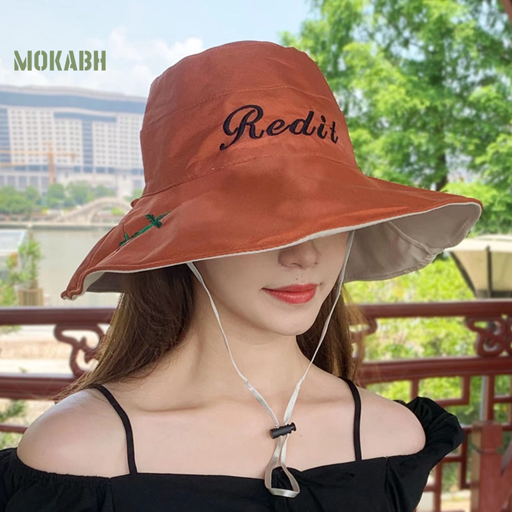[Mok Abh] Nón Vành Tròn Dây Rút In Họa Tiết Cây Cối Và Chữ Cái Cho Nữ