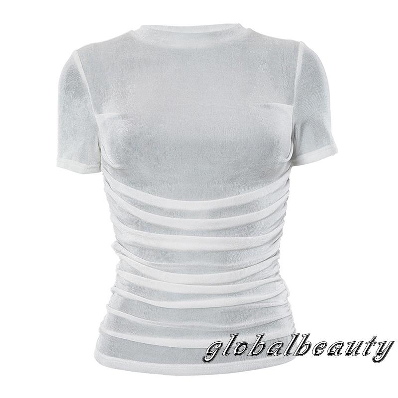Áo Thun Ngắn Tay Cổ Tròn Xếp Ly Màu Trơn Thời Trang Mùa Hè Cho Nữ
