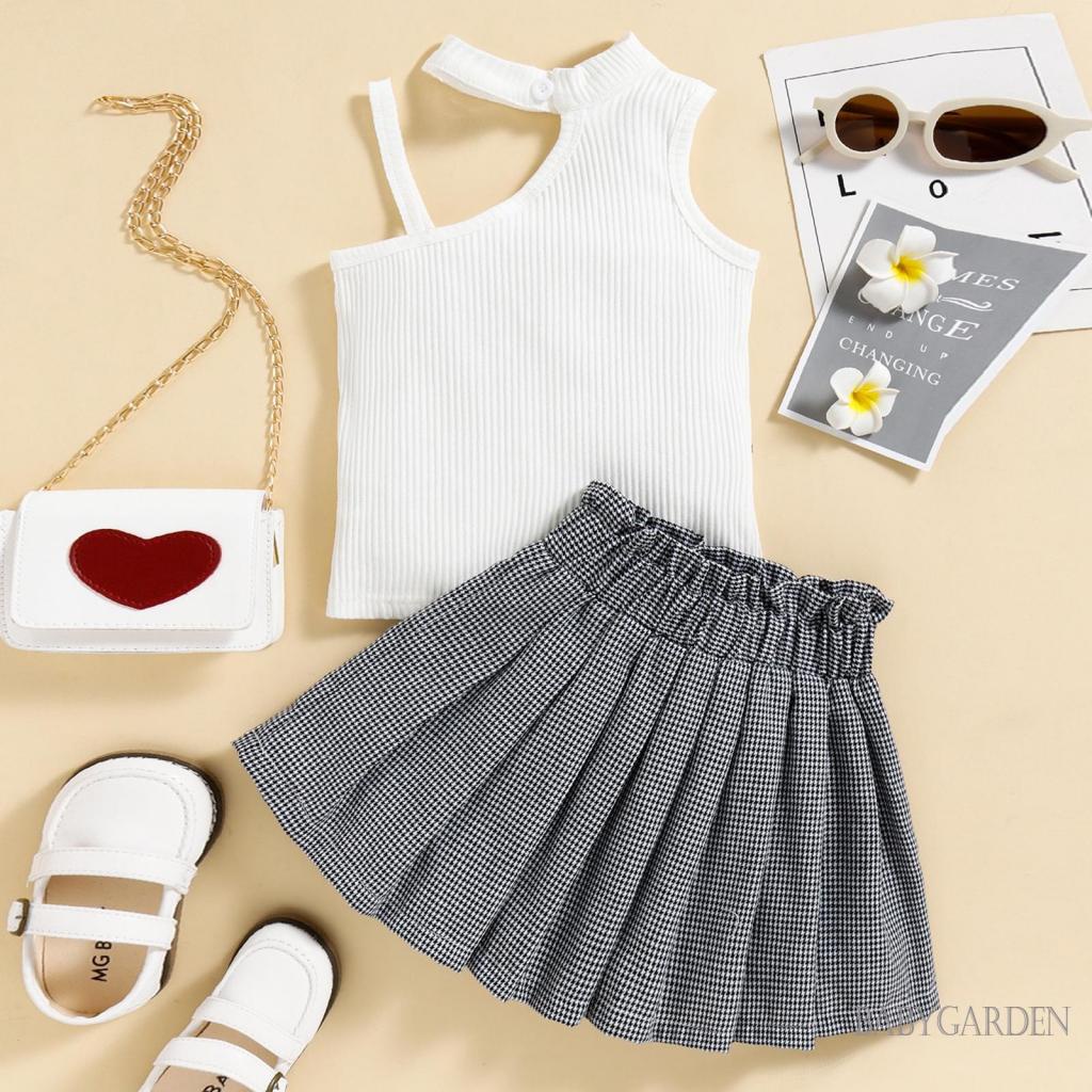 Bộ Áo Tank Top Hở Vai + Chân Váy Xếp Ly Co Giãn In Họa Tiết Houndstooth Thời Trang Cho Bé Gái 3-7 Tuổi