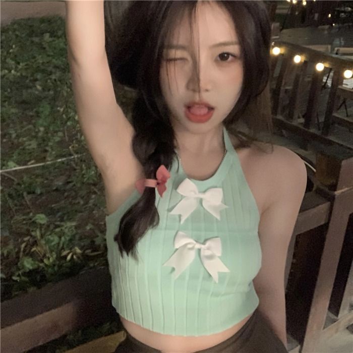 Áo Hai Dây Dệt Kim Ngắn Thắt Nơ Màu Trơn Thời Trang Mùa Hè Hàng Mới Dành Cho Bạn Nữ Mặc Ngoài Trời