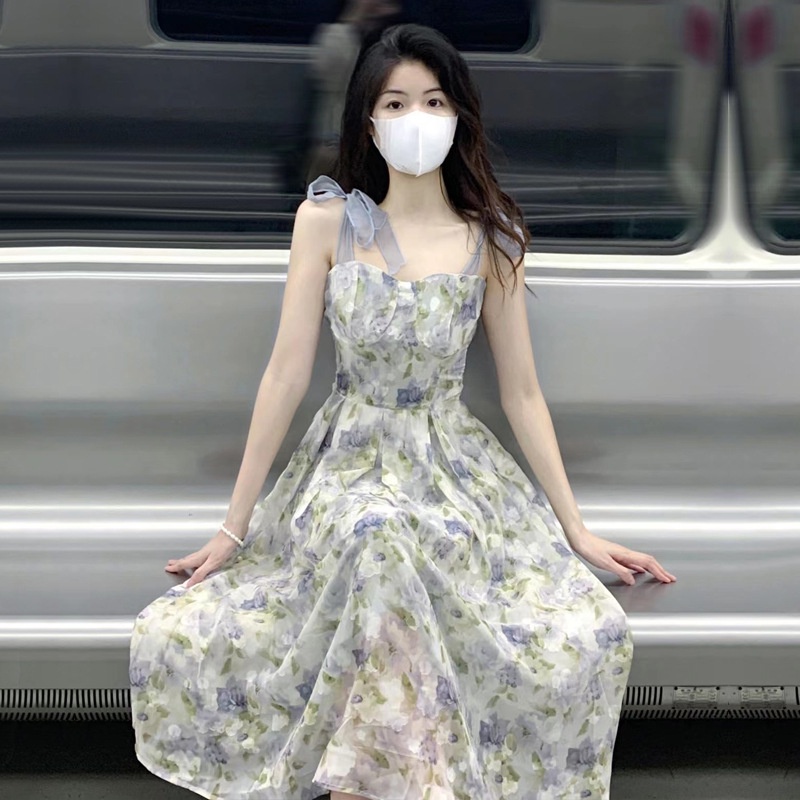 Đầm Hai Dây Dáng Dài Họa Tiết Hoa Phong Cách Pháp Ngọt Ngào