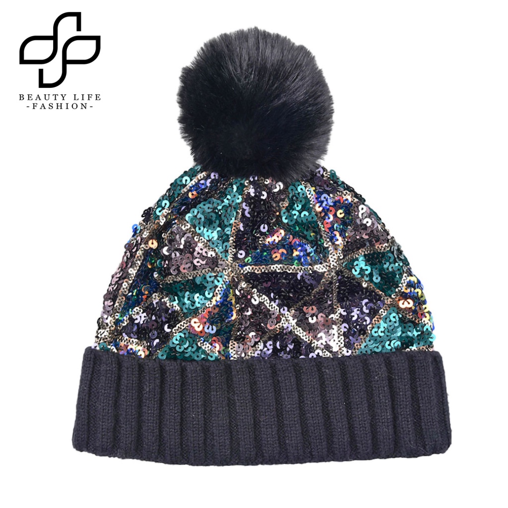 Mũ Beanie Phối Bóng Lông Đính Kim Sa Thời Trang Thu Đông Cho Nữ