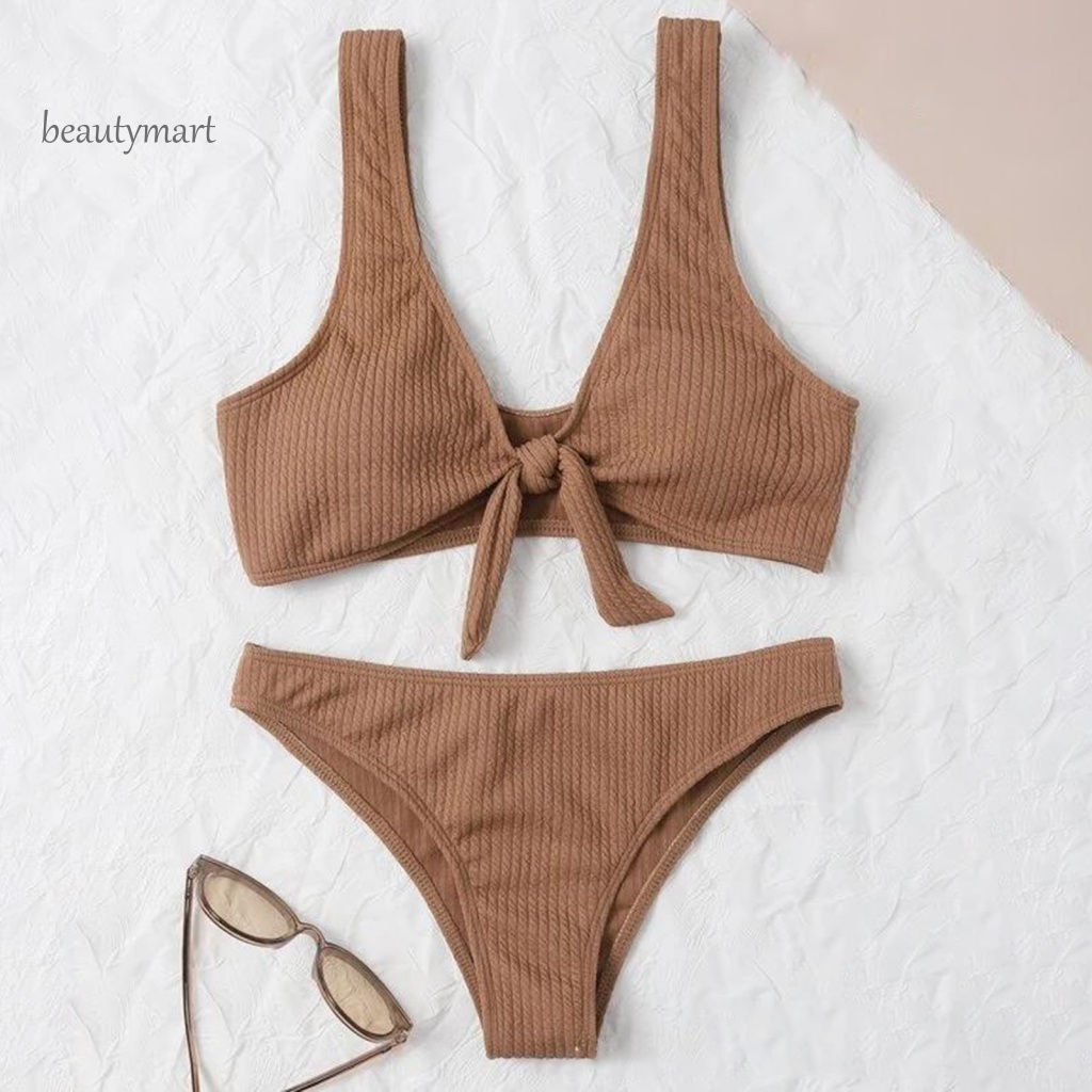 Bộ Đồ Bơi Hai Mảnh Màu Trơn Đính Nơ Co Giãn Dành Cho Nữ