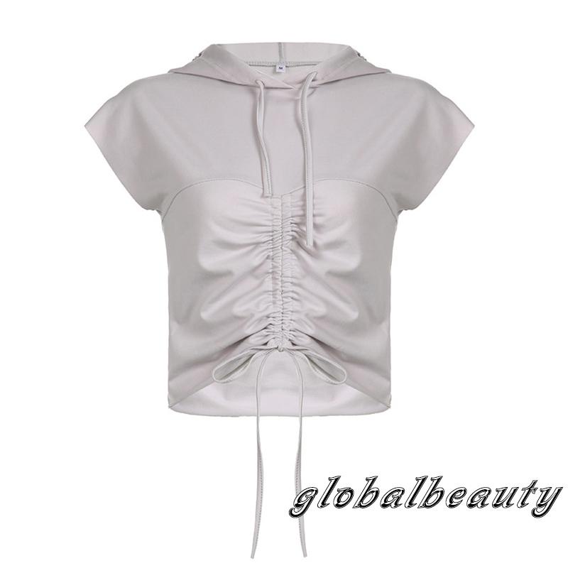 Áo Thun Crop Top Tay Ngắn Có Nón Rút Dây Màu Sắc Đơn Giản Dành Cho Nữ