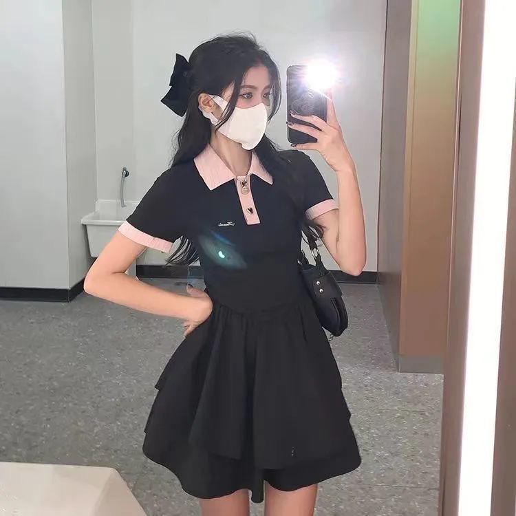 Đầm Cổ Polo Màu Sắc Tương Phản Thời Trang Mùa Hè Xinh Xắn Cho Nữ