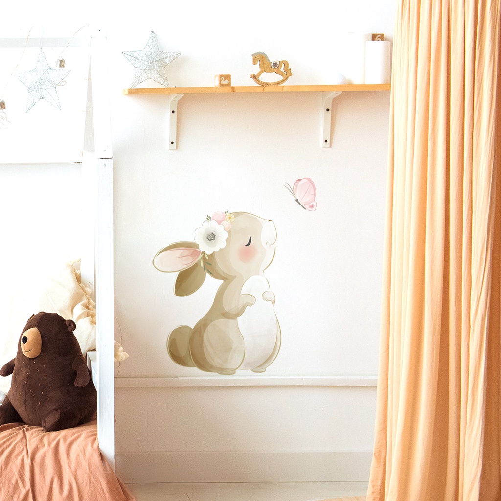 Miếng Dán Tường Trang Trí Phòng Khách / Ngủ Họa Tiết Thỏ / Bướm Hoạt Hình Kiểu Mới Ms069