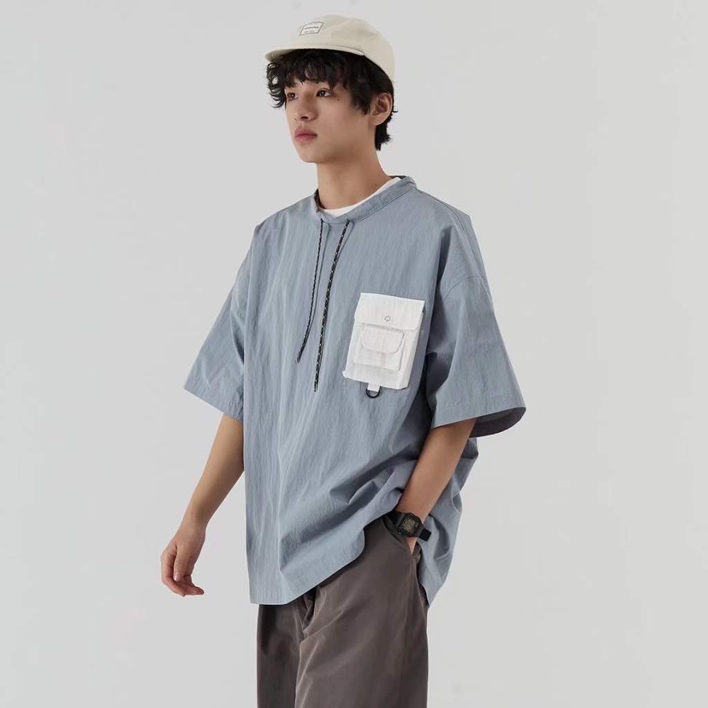 Áo Thun Tay Ngắn Dáng Rộng Phối Dây Rút Phong Cách Nhật Bản Thời Trang Mùa Hè Cho Nam