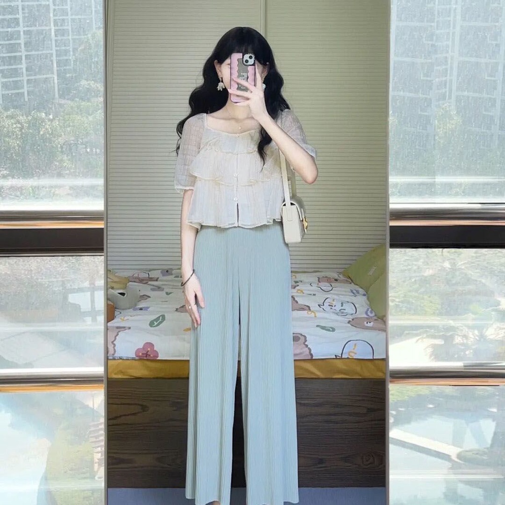 Áo Ngắn Tay Cổ Vuông Phong Cách Mới Mùa Hè 2023 + Quần Dài Nhẹ Nhàng Cho Nữ
