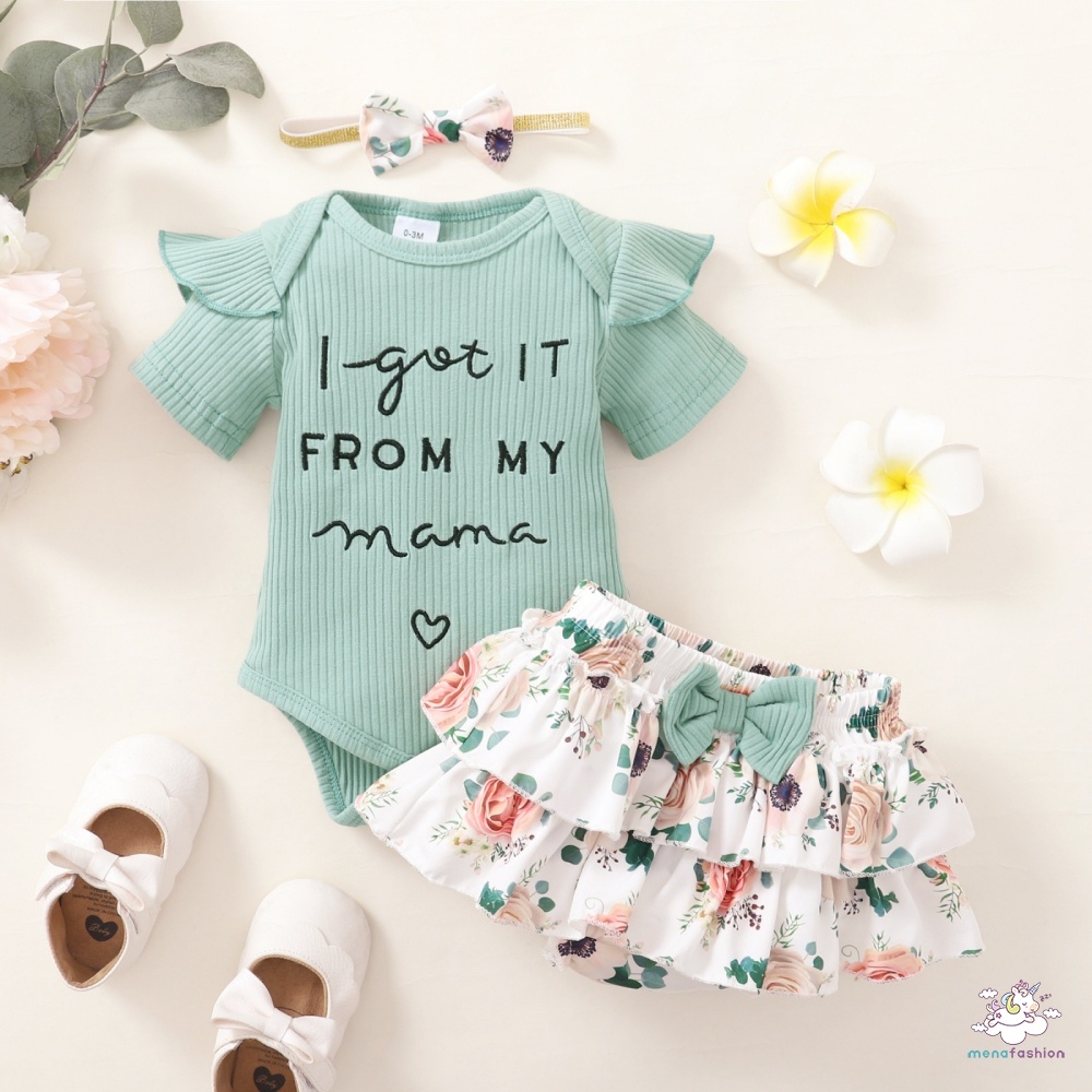 Bộ Áo Liền Quần Tay Ngắn In Chữ Gân + Quần Sooc Hoa Nhiều Lớp + Băng Đô Cài Tóc Thời Trang Cho Bé Gái