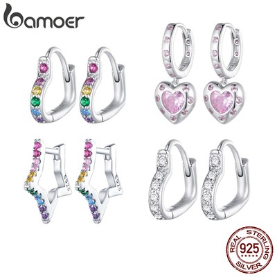 Bamoer Bông Tai Bạc 925 Hình Ngôi Sao / Trái Tim Nhiều Màu Sắc Thời Trang Cho Nữ