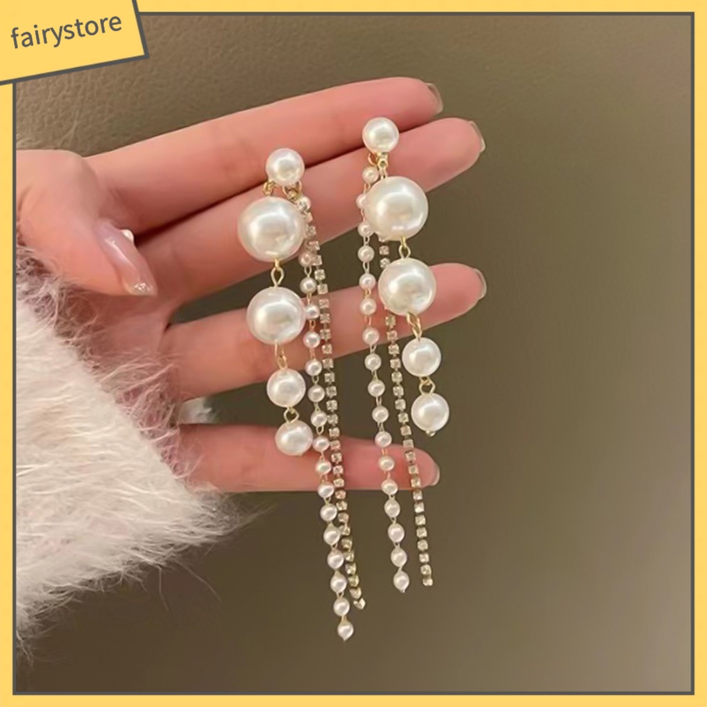 1 Đôi Bông Tai Dáng Dài Đính Ngọc Trai Nhân Tạo Phối Tua Rua Thời Trang