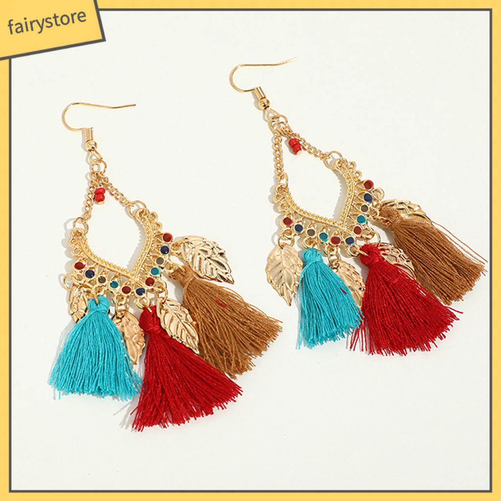 1 Đôi Bông Tai Móc Hình Chiếc Lá Tua Rua Dáng Dài Phong Cách Vintage