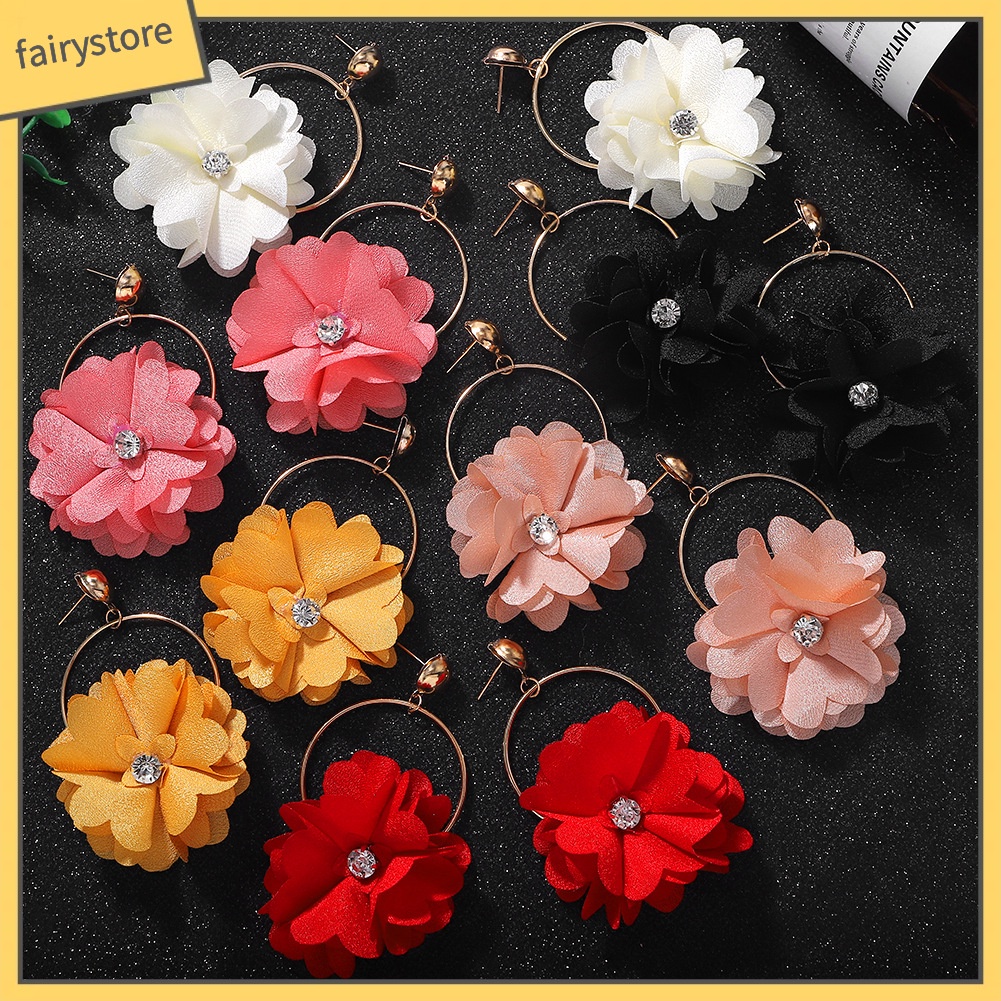 Bông Tai Dáng Dài Hình Tròn Đính Đá Hình Hoa Thời Trang Cho Nữ