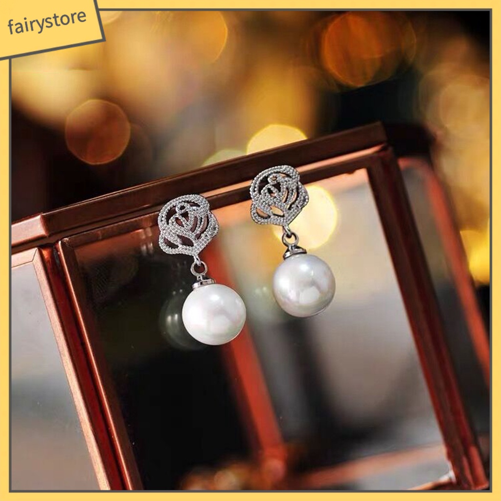 [FRO] Bông Tai Xỏ Lỗ Tròn Đính Hoa Hồng Ngọc Trai Giả Bằng Hợp Kim Thoải Mái Mặc Hàng Ngày Cho Nữ