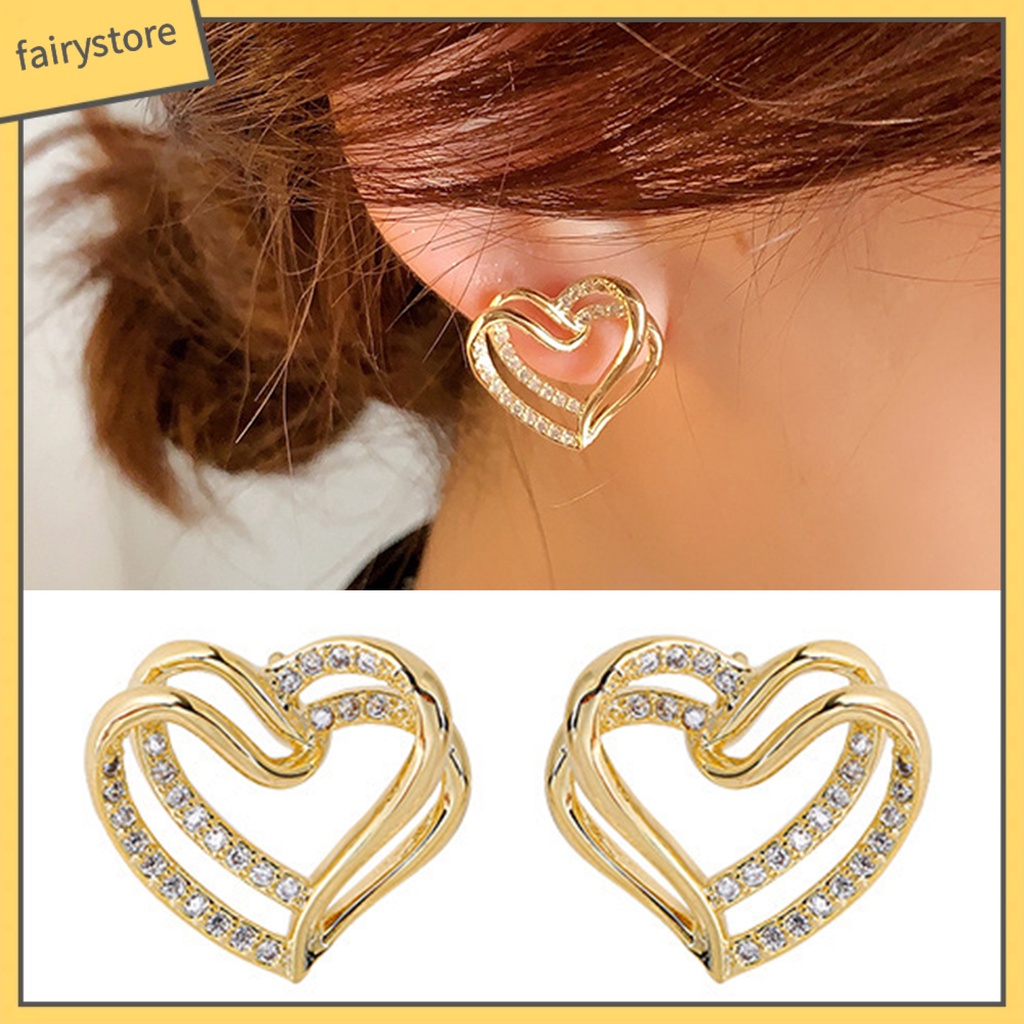 1 Đôi Bông Tai Hình Trái Tim Đính Đá Lấp Lánh Sang Trọng