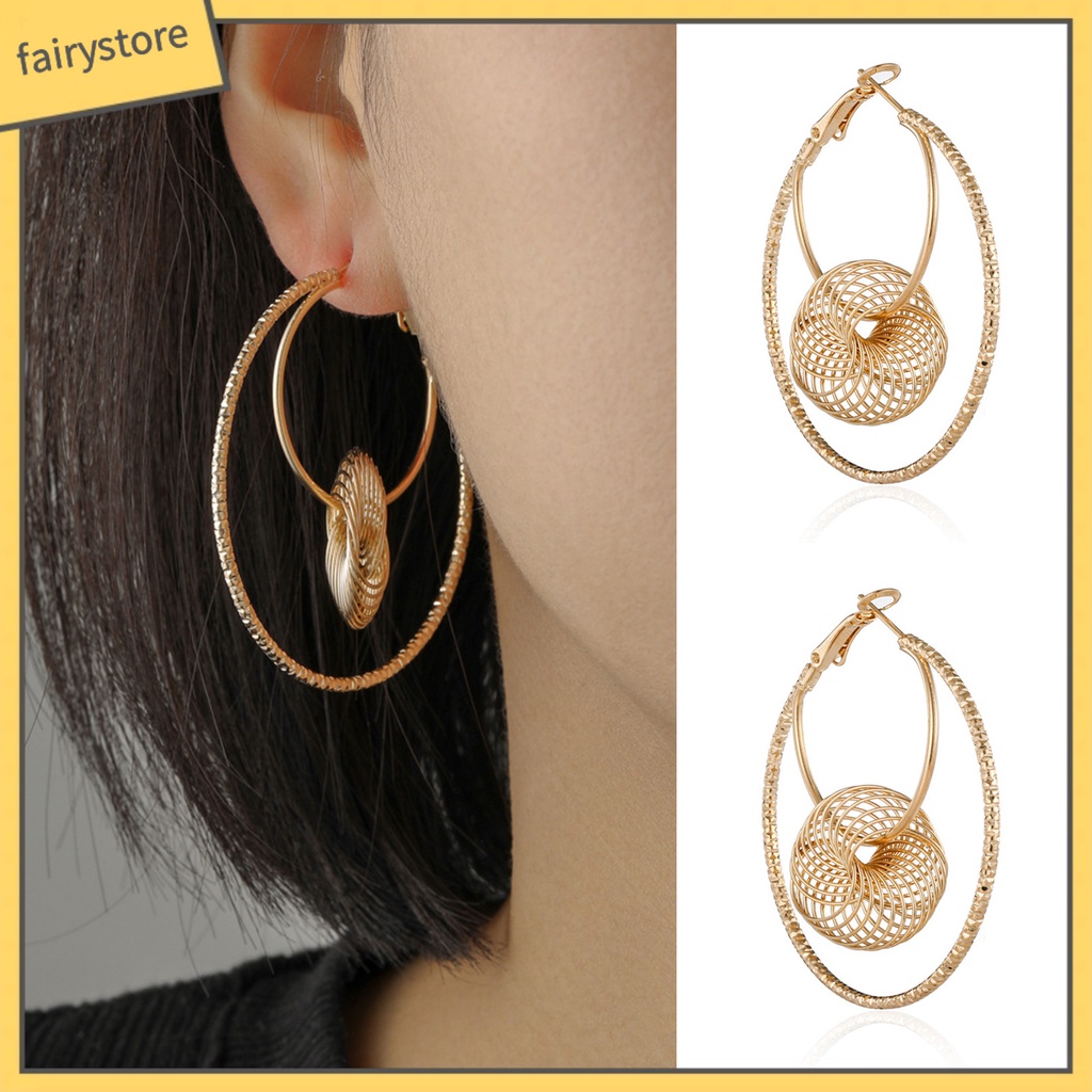 1 Đôi Bông Tai Hình Tròn Hai Lớp Bằng Kim Loại Thời Trang