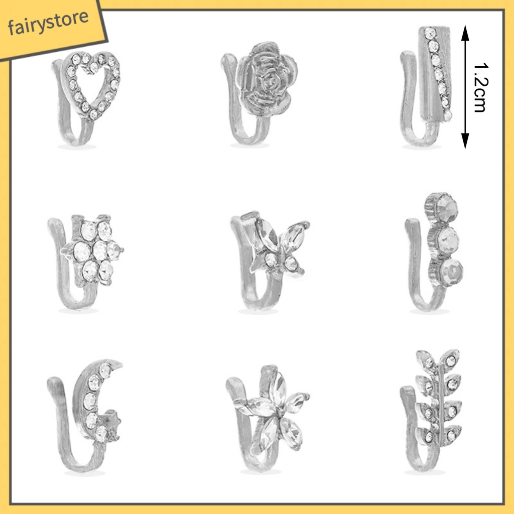 [FRO] Set 9 Khuyên Mũi Đính Kim Cương Giả Hình Xương / Mặt Trăng / Bông Hoa Không Cần